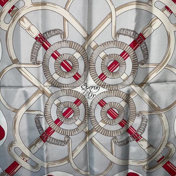 HERMES Carre "Eperon d’or" Silk Gray White Red 100% Silk Scarf 90cm Square - Picture 14 of 16